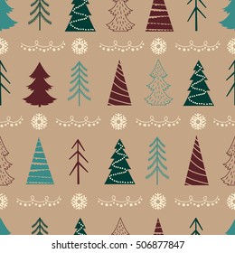 Seamless Christmas vector pattern with fir-trees, snowflakes, garlands on a beige background