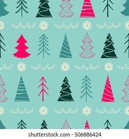 Seamless Christmas vector pattern with fir-trees, snowflakes, garlands on a blue background in a vintage style
