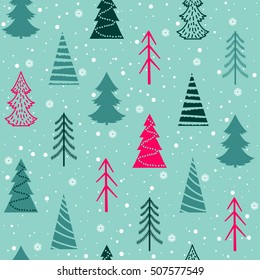 Seamless Christmas vector pattern with fir-trees, snowflakes, snow on a blue background in a vintage style