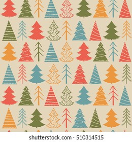 Seamless Christmas vector pattern with fir-trees on a beige background in a vintage style