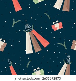 Seamless Christmas Vector Pattern with Gift Boxes, Snowflakes and Fir Tree Branches on Dark Blue Background – Holiday and Winter Season Design for Kids and Festive Projects

