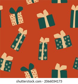 Patrón vectorial de navidad de los regalos sobre fondo rojo