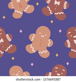 Seamless christmas vector pattern with gingerbread man and sparkles for wrappping paper design for gift packaging. Cute hand drawn vector illustrations.