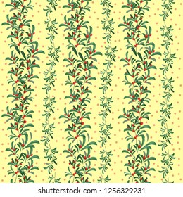 Seamless Christmas vector pattern. Green leaves, red berries. All elements are isolated.