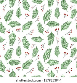 Seamless Christmas vector pattern. Green pine branches and red holly berries isolated on white background. Festive illustration. Cute doodle art. Perfect for wallpaper or fabric.