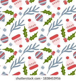 Seamless Christmas vector pattern with hat mistletoe globe and branch on brown background 