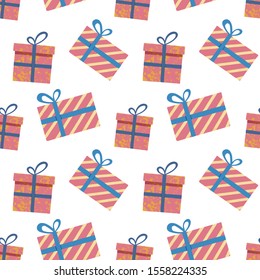 Seamless Christmas vector pattern. Pink giftboxes with blue ribbons and bows isolated on white background. Stripes and splashes. Festive illustration. Colorful art. Perfect for wallpaper or fabric.