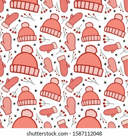 Seamless Christmas vector pattern. Pink hats and mittens and grey stars isolated on white background. Red holly berries. Festive winter illustration. Cute doodle art. Perfect for wallpaper or fabric.