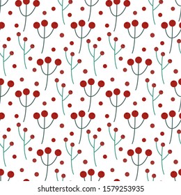Seamless Christmas vector pattern. Red holly berries isolated on white background. Festive illustration. Cute doodle art. Perfect for wallpaper or fabric.