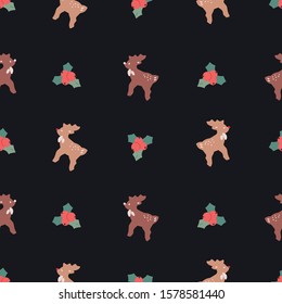 Seamless christmas vector pattern with reindeers for wrappping paper design for gift packaging. Cute hand drawn vector illustrations.