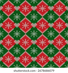 Seamless Christmas vector pattern in traditional red and green colors with white knitted-style motifs of hearts and snowflakes. Design perfect for winter textiles, wrapping, holiday.