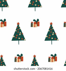 Seamless christmas vector pattern christmas tree and gifts