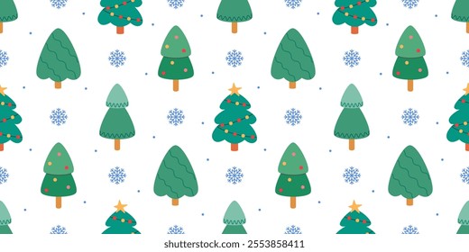 Seamless Christmas vector pattern, Christmas trees and snowflakes on white background, winter in the forest, winter landscape.