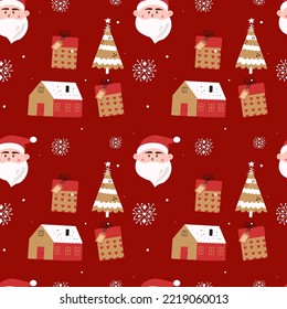 Seamless Christmas vector with Santa Claus, gifts, snowflakes and gifts: red background	
