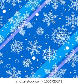 Seamless Christmas vector texture. Snowflakes, snow, strips and crystals of white lines on a blue sky background. Pattern for wrapping paper, print for fabric. Light lilac, blue colours. 