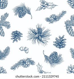 seamless christmas vector,  white background with pine tree, sprigs and ted berries. Christmas vintage background. Botanical illustration. blue and white