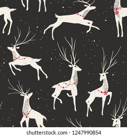 Seamless Christmas Vintage Pattern with Drawing Silhouette of Deers with Adornment