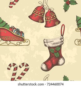 Seamless Christmas vintage pattern with hand drawn bells, santa's sleigh, candy, holly and  sock. New year. Background can be used for wallpaper, web page background, surface textures, textile