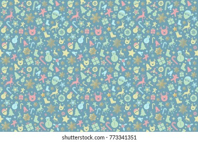 Seamless Christmas wallpaper with cute icons. Vector.