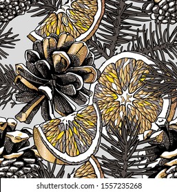 Seamless Christmas wallpaper pattern. Different gold woody cones with Conifer branches and slices of orange on a gray background. Textile composition, hand drawn style print. Vector illustration.