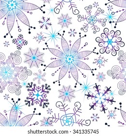 Seamless christmas white pattern with scattering violet-blue snowflakes (vector eps 10)