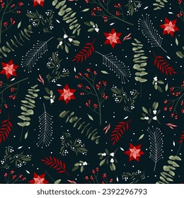 Seamless christmas winter doodle pattern with leaves and berries. For wrapping paper. Ideal for wallpaper, surface textures, textiles.