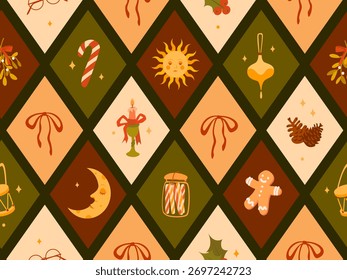 Navidades sin fisuras y patrón de vacaciones de invierno con Elementos festivos. Pinecone, caramelo, vela, estrellas, hombre de jengibre, juguete. Perfecto para envolver papel, tela, embalaje