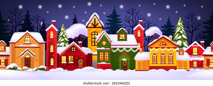 Seamless Christmas Winter Illustration With Decorated Houses, Snow, Town, Trees Silhouette. Holiday X-mas Background With Village Street, Drifts, Night Sky, Stars. Christmas Houses Facade Banner 