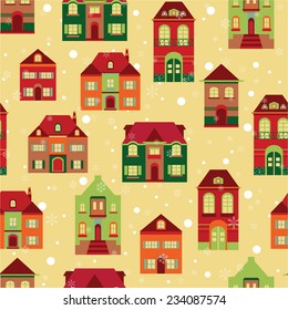 Seamless christmas winter pattern with colorful houses and snowflakes