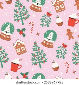 Seamless Christmas winter pattern with different elements. Vector graphics.