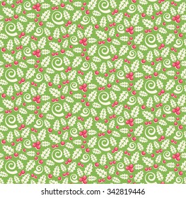 Seamless Christmas Winter Pattern with Holly Ornament Isolated on Green Background
