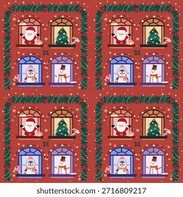 Patrón de invierno de Navidad sin fisuras que muestra a Santa Claus, muñeco de nieve, pingüino y un pino decorado dispuesto en un ambiente cálido de vacaciones interiores con colores planos brillantes para fondos festivos y envoltura de regalo
