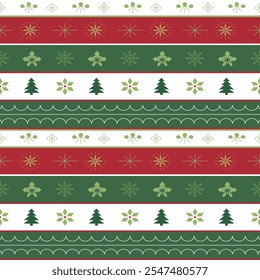 Seamless christmas and winter pattern with snowflakes, christmas tree and stripes ornament in vector