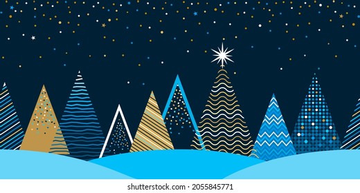 seamless Christmas winter pattern. stylized Christmas trees in the forest with a Christmas tree with a star. festive border for web and print. concept Xmas. vector illustration