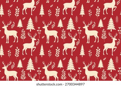 Nahtloses Weihnachtswaldmuster mit eleganten Rentiersilhouetten, Winterblättern, Kiefern, botanischen Blättern und Blumen.