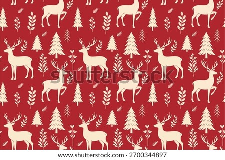 Seamless Christmas woodland pattern featuring elegant reindeer silhouettes, winter foliage, pine trees, botanical leaves and flowers.