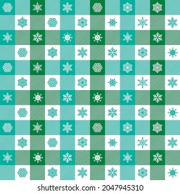 Seamless Christmas wrapping paper pattern. Festive Christmas gingham check and snowflake pattern background.