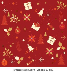 Seamless Christmas wrapping paper pattern with red background featuring golden and red berries, Christmas letters, envelopes, bells, fir tree branches, baubles, festive flowers, snowflakes, gift boxes