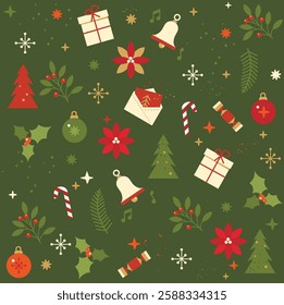 Seamless Christmas wrapping paper pattern with red background featuring red berries, Christmas letters, envelopes, bells, fir trees, fir tree branches, baubles, festive flowers, snowflakes, gift boxes