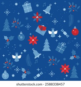 Seamless Christmas wrapping paper pattern with blue background featuring red berries, Christmas letters, envelopes, bells, fir trees, fir tree branches, baubles, festive flowers, and angels