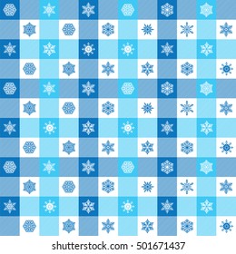 Seamless Christmas wrapping paper pattern. Festive Christmas gingham check and snowflake pattern background.