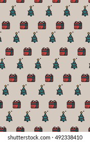 Seamless Christmas wrapping paper. Presents with Christmas tree vector print.