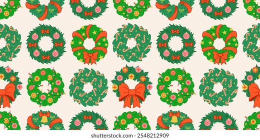 Seamless Christmas wreath pattern on a light background. Festive green wreaths with bows, candy canes, ornaments, and stars. Merry Christmas and Happy Holidays backdrop. Wrapping paper, and textiles.