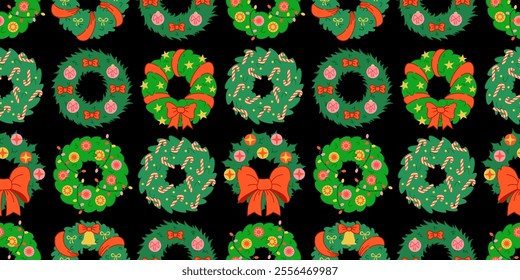 Seamless Christmas wreath pattern on a dark background. Festive green wreaths with bows, candy canes, ornaments, and stars. Merry Christmas and Happy Holidays backdrop. Wrapping paper, and textiles.