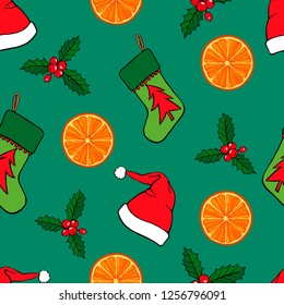 Seamless Christmas/New Year pattern with hand drawn holiday attributes: santa hat, mistletoe, christmas sock, oranges on blue background.
