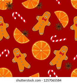 Seamless Christmas/New Year pattern with hand drawn holiday attributes: gingerbread man, candy, anise, oranges on  red background.