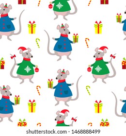 Seamless Christmas/New Year pattern with holiday attributes: rat or mouse with gift, candy, gifts.The symbol of the new year in the Chinese calendar. 2020.
