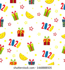 Seamless Christmas/New Year pattern with holiday attributes: cheese. stars, gifts, numbers 2020.
