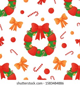 Seamless Christmas/New Year pattern with holiday attributes: candy, bow, wreath, christmas balls  on white background.