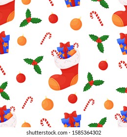 Seamless Christmas/New Year pattern with holiday attributes: candy, christmas balls, mistletoe, gift, christmas stocking on white background.